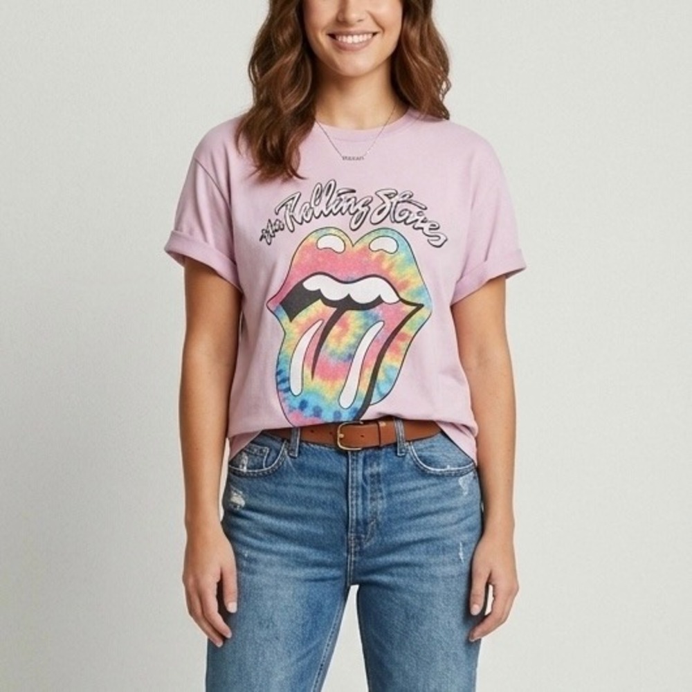 Daydreamer Free People Rolling Stones Tie Dye Tongue Graphic BF Tee Pink Size XL